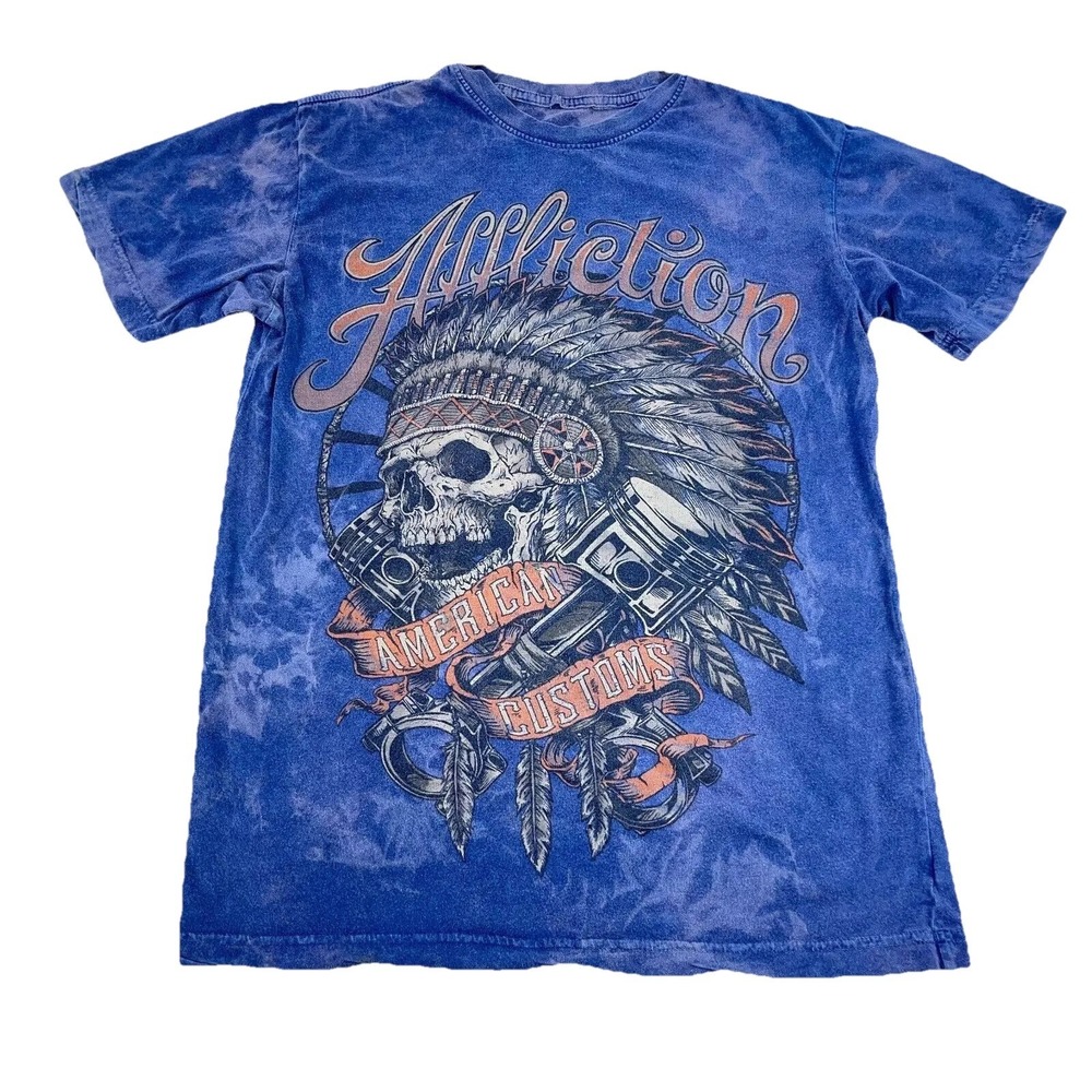 Affliction Shirt Men Small Blue Tee American Customs Indian Chief Tattoo MMA